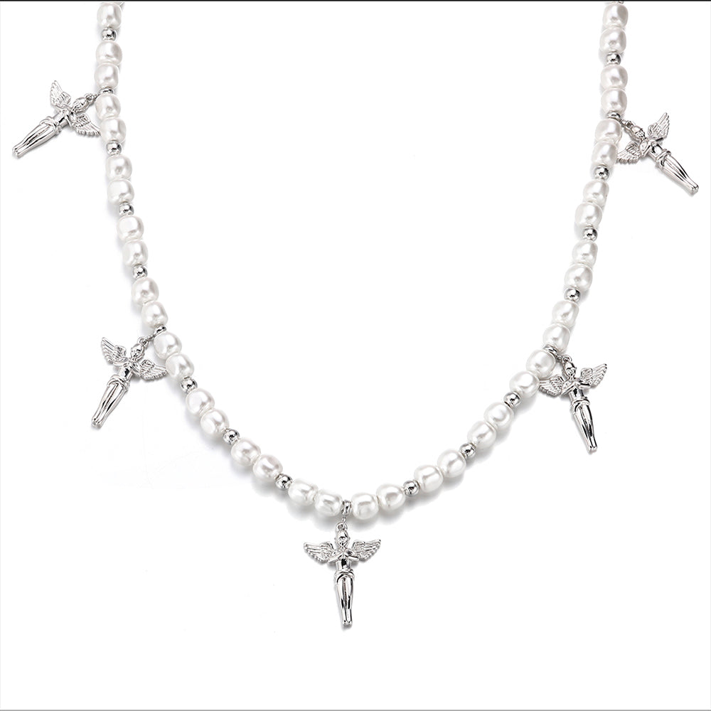 Pearl & Polished Motif Chain in White Gold